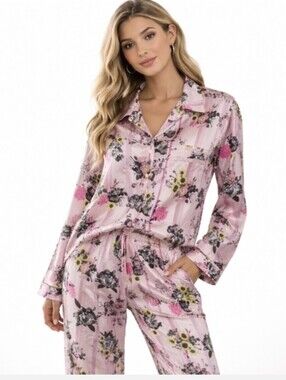 Victoria Secret Floral Satin Pajamas Lounge Wear. Pink Black Large L